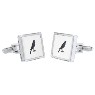 Vintage Blackbird Crow Illustration Silver Cufflinks