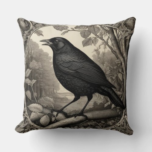 Vintage Blackbird in Forest Throw Pillow