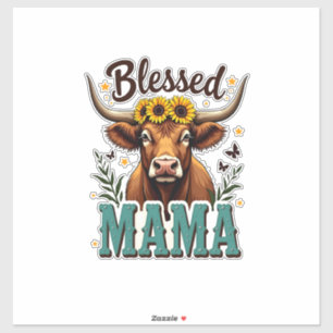 Vintage Blessed Mama Highland Cow Sunflower Wester Sticker