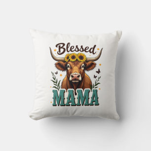 Vintage Blessed Mama Highland Cow Sunflower Wester Throw Pillow