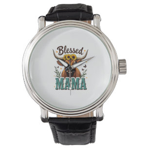 Vintage Blessed Mama Highland Cow Sunflower Wester Watch