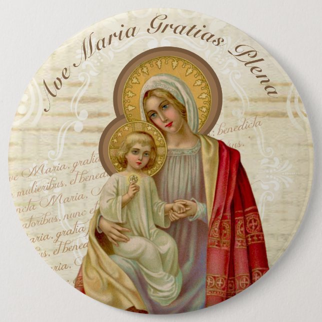 Vintage Blessed Virgin Mary Jesus Ave Maria Button (Front)