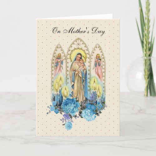 Vintage Blessed Virgin Mary Jesus Blue Floral Card