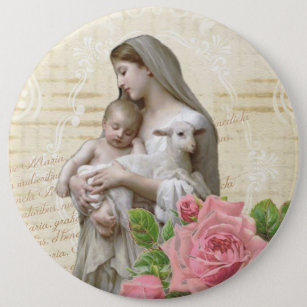 Vintage Blessed Virgin Mary Jesus Lamb Pink Rose Button