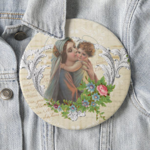 Vintage Blessed Virgin Mary Jesus Roses Button
