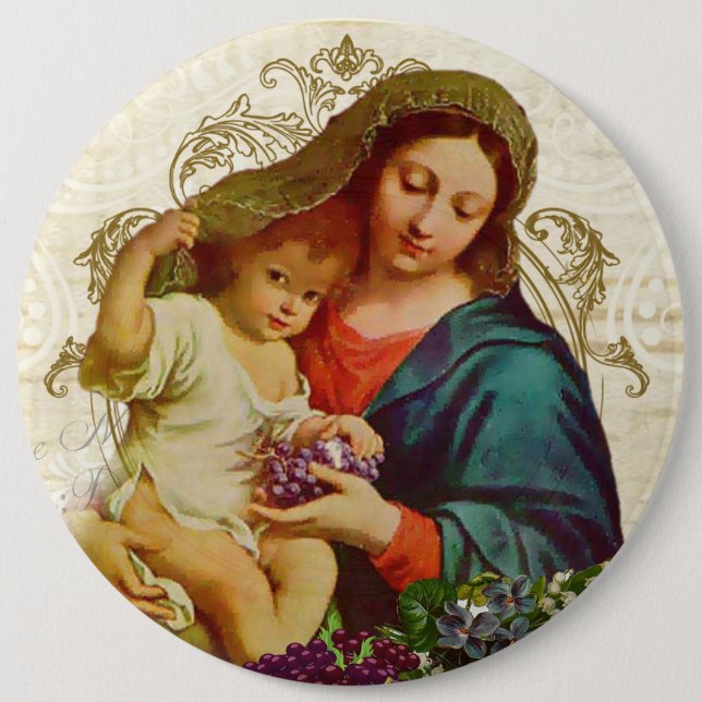 Vintage Blessed Virgin Mary with Jesus Grapes Button (Front)