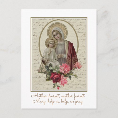 Vintage Blessed Virgin Mary with Jesus Red Roses Postcard