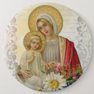 Vintage Blessed Virgin Mother Mary Jesus Floral Button