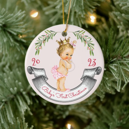 Vintage Blonde Baby Girl First Christmas Red Pink  Ceramic Ornament