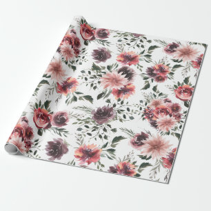 Vintage Blooming Burgundy Flowers Wrapping Paper