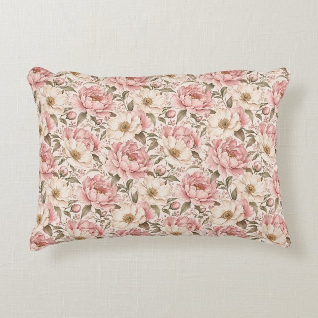 Vintage Blooming Peonies Pattern Accent Pillow (Front)