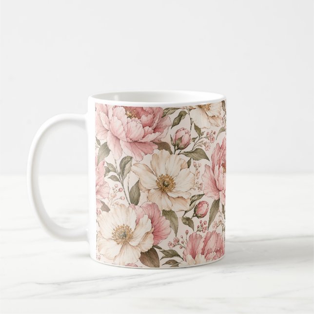 Vintage Blooming Peonies Pattern Coffee Mug (Left)
