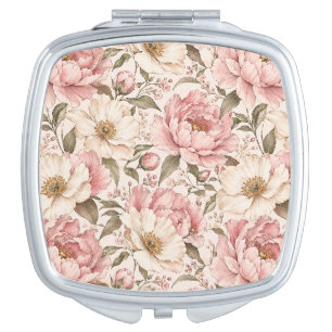 Vintage Blooming Peonies Pattern Compact Mirror
