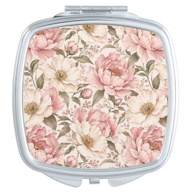 Vintage Blooming Peonies Pattern Compact Mirror (Front)