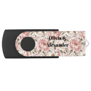 Vintage Blooming Peonies Pattern Flash Drive