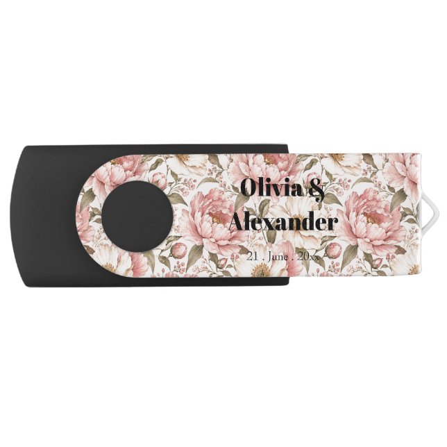 Vintage Blooming Peonies Pattern Flash Drive (Front)