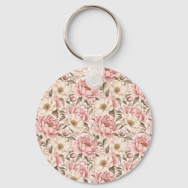 Vintage Blooming Peonies Pattern Keychain (Front)