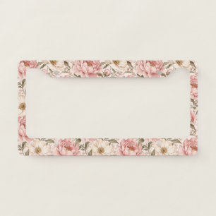 Vintage Blooming Peonies Pattern License Plate Frame