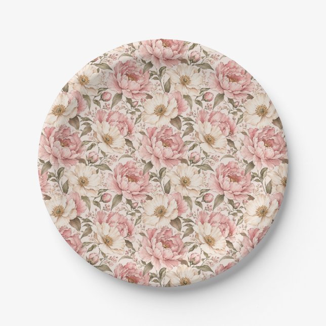 Vintage Blooming Peonies Pattern Paper Plates (Front)