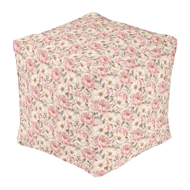 Vintage Blooming Peonies Pattern Pouf (Angled Front)