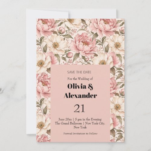 Vintage Blooming Peonies Pattern Save The Date