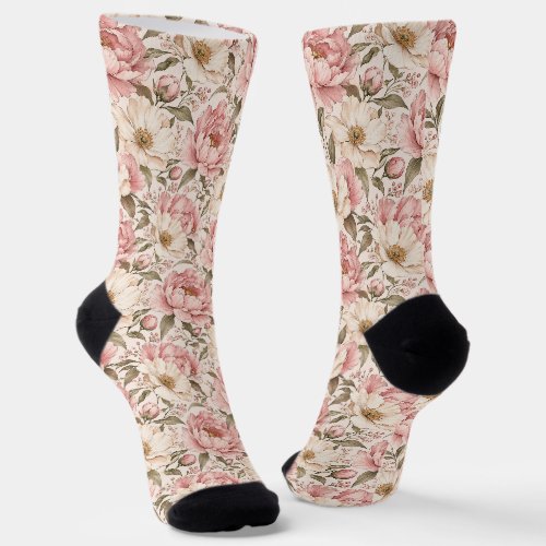 Vintage Blooming Peonies Pattern Socks