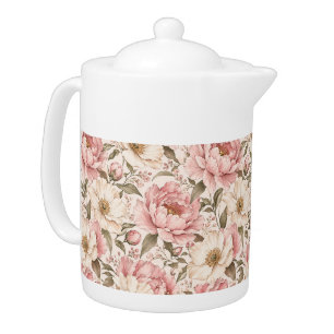 Vintage Blooming Peonies Pattern Teapot