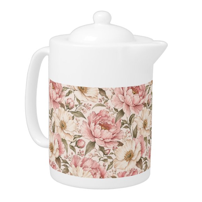 Vintage Blooming Peonies Pattern Teapot (Left)