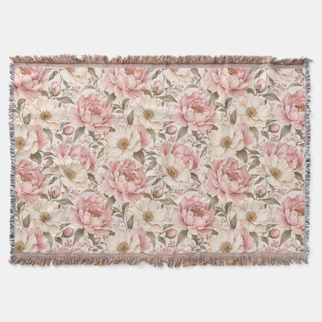 Vintage Blooming Peonies Pattern Throw Blanket (Front)