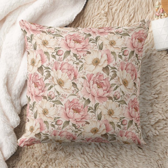 Vintage Blooming Peonies Pattern Throw Pillow (Blanket)