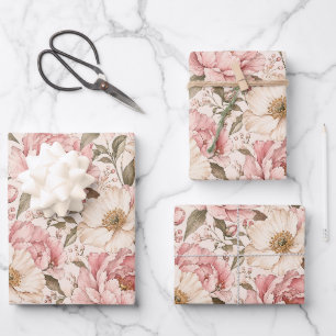 Vintage Blooming Peonies Pattern Wrapping Paper Sheets