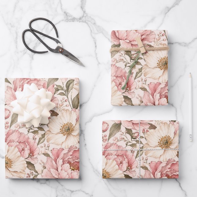Vintage Blooming Peonies Pattern Wrapping Paper Sheets (Front)