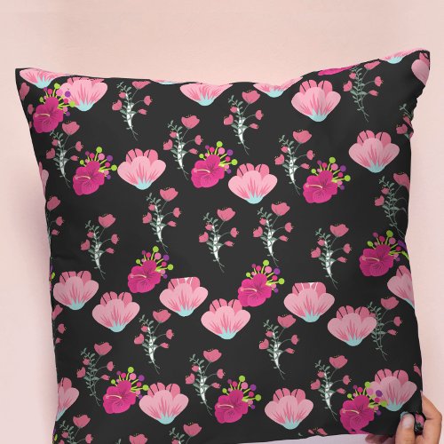 Vintage Blooming pink Floral pattern on black Throw Pillow