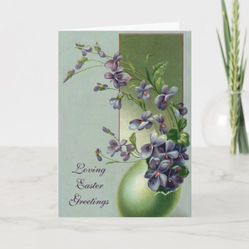 Vintage Blooming Purple Flowers in an Easter Egg Holiday Card