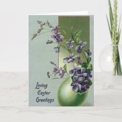 Vintage Blooming Purple Flowers in an Easter Egg Holiday Card