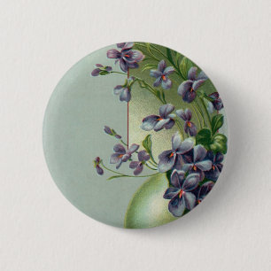 Vintage Blooming Purple Flowers in an Easter Egg Pinback Button