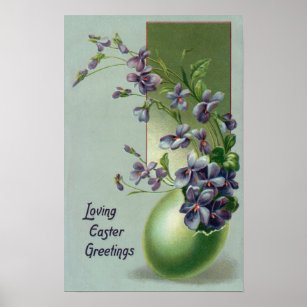 Vintage Blooming Purple Flowers in an Easter Egg Poster