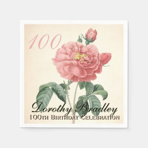 Vintage Blooming Rose 100th Birthday Party PN Paper Napkins