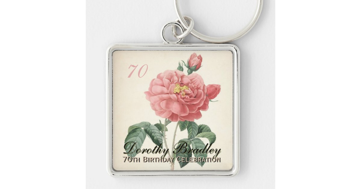 Vintage Blooming Rose 70th Birthday celebration SK Keychain | Zazzle