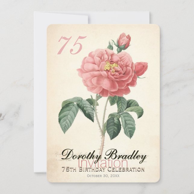 Vintage Blooming Rose 75th Birthday Celebration FC Invitation (Front)