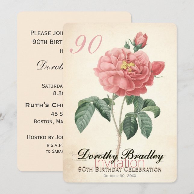 Vintage Blooming Rose 90th Birthday Custom Invitation (Front/Back)