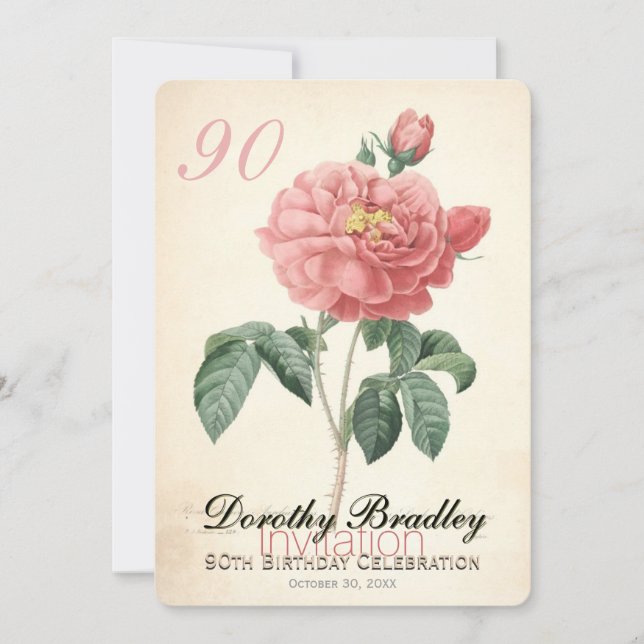 Vintage Blooming Rose 90th Birthday Custom Invitation (Front)