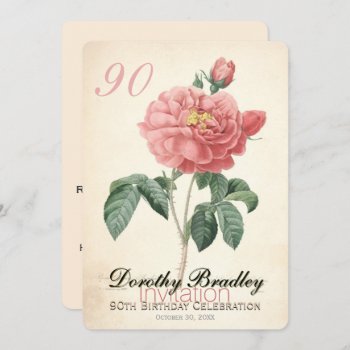 Vintage Blooming Rose 90th Birthday Custom Invitation by PBsecretgarden at Zazzle