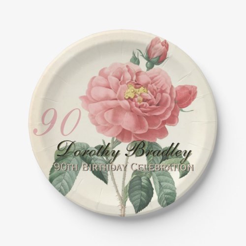 Vintage Blooming Rose 90th Birthday Party PP Paper Plates