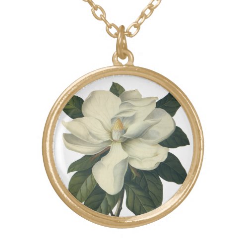 Vintage Blooming White Magnolia Blossom Flowers Gold Plated Necklace