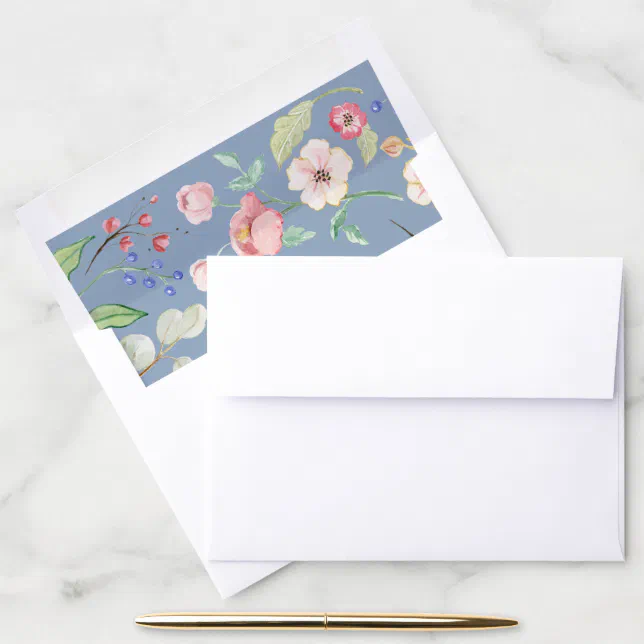 Vintage Blooms Dusty Blue n Pink Watercolor Leaves Envelope Liner | Zazzle