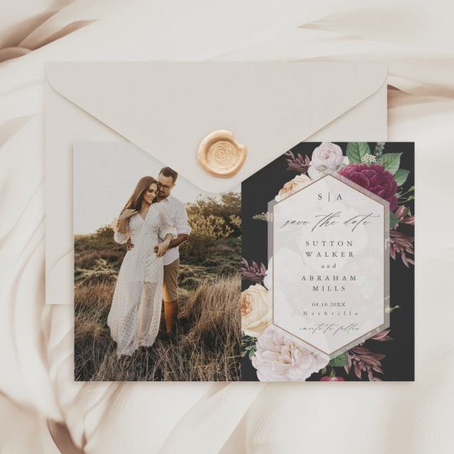 Vintage Blooms Floral Photo  Save The Date (Vintage floral bouquet black wedding photo save the dates.)