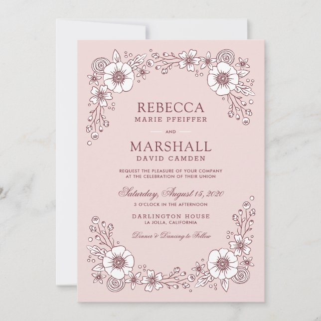 Vintage Blooms Floral Wedding Invitation - Pink (Front)
