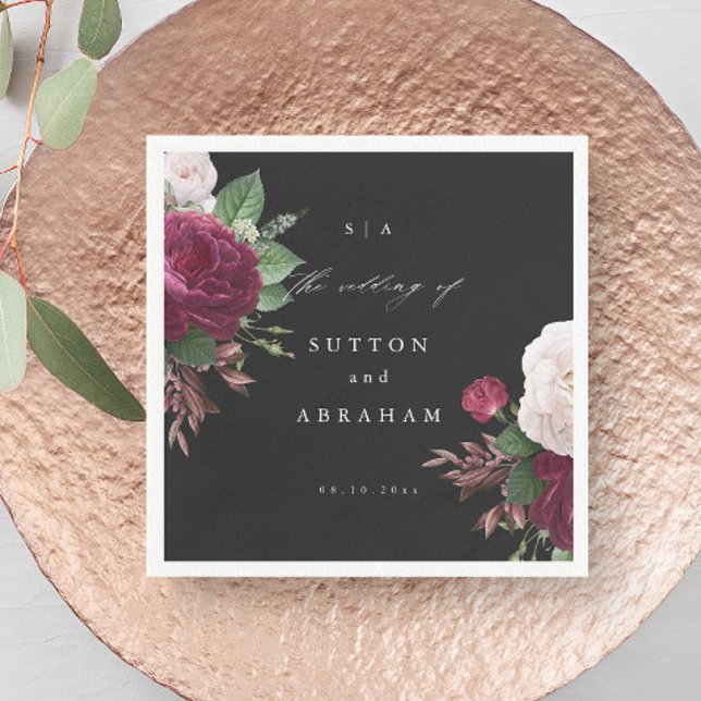 Vintage Blooms Floral Wedding Napkins (Vintage Floral Bouquet Black Wedding Napkins.)