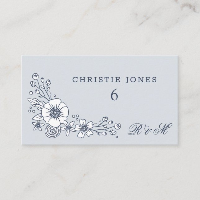 Vintage Blooms Floral Wedding Place Card - Blue (Front)